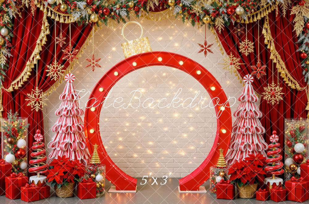 Kate Christmas Red Giant Ornament Candy Cane Trees Curtains Printed Backdrop Designed by Mini MakeBelieve