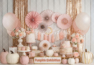 Kate Fall Birthday Pumpkin Pink Balloons Flowers Cakes Printed Backdrop Designed by Emetselch