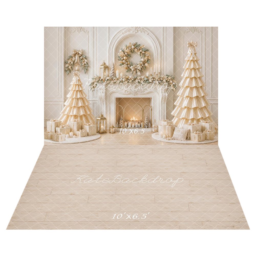 Kate Christmas Fireplace Gold SatinTrees Printed Backdrop+Beige Wood Plank Floor Printed Backdrop