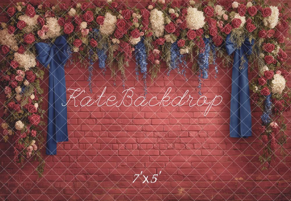 Kate Independence Day Flower Arch Red Brick Blue Ribbon Printed Backdrop Designed by Angela Miller