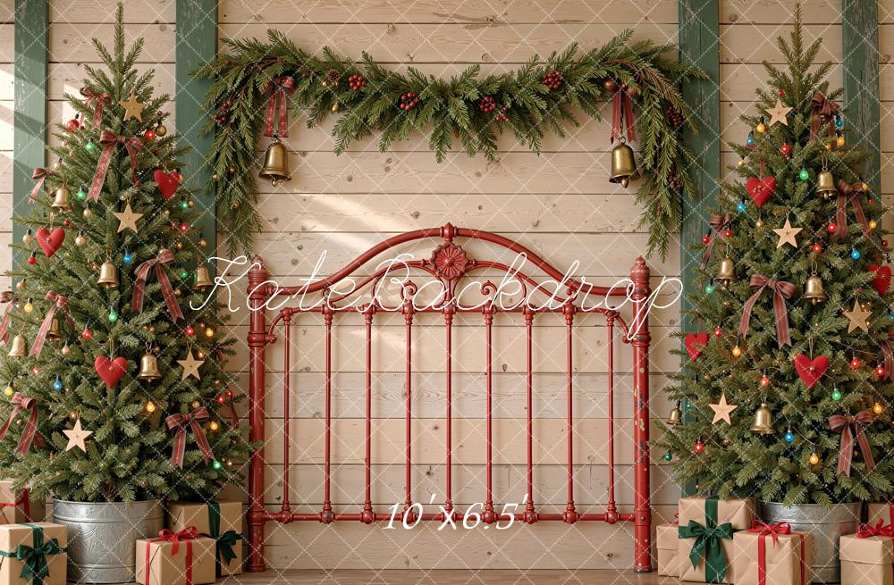 Kate Christmas Trees Red Iron Headboard Garland Printed Backdrop Designed by Shutter Swan Studios