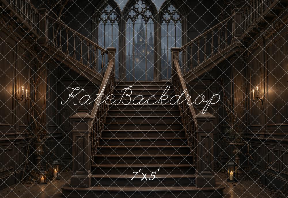 Kate Halloween Cascading Stairs Gothic Windows Candlelight Printed Backdrop Designed by Emetselch