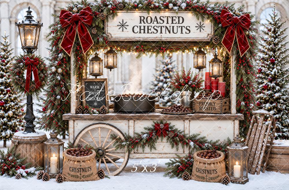 Kate Christmas Roasted Chestnut Cart Snowy Red Bow Printed Backdrop Designed by Ashley Paul