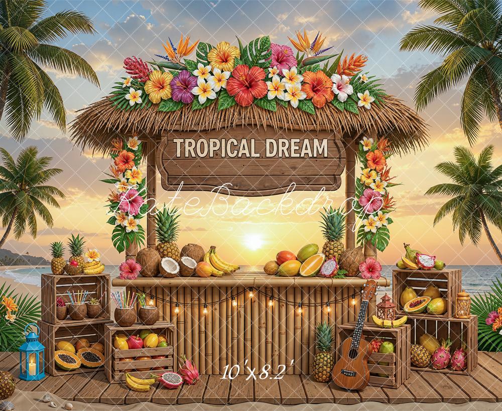 Kate Beach Tropical Tiki Bar Palm Trees Fruit Sunset Printed Backdrop Designed by Chain Photography