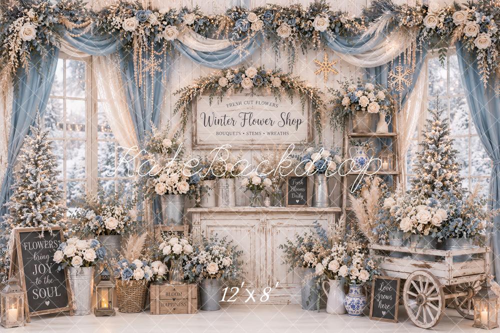 Kate Winter Flower Shop Blue Floral Cart Garland Drapes Printed Backdrop Designed by Ashley Paul