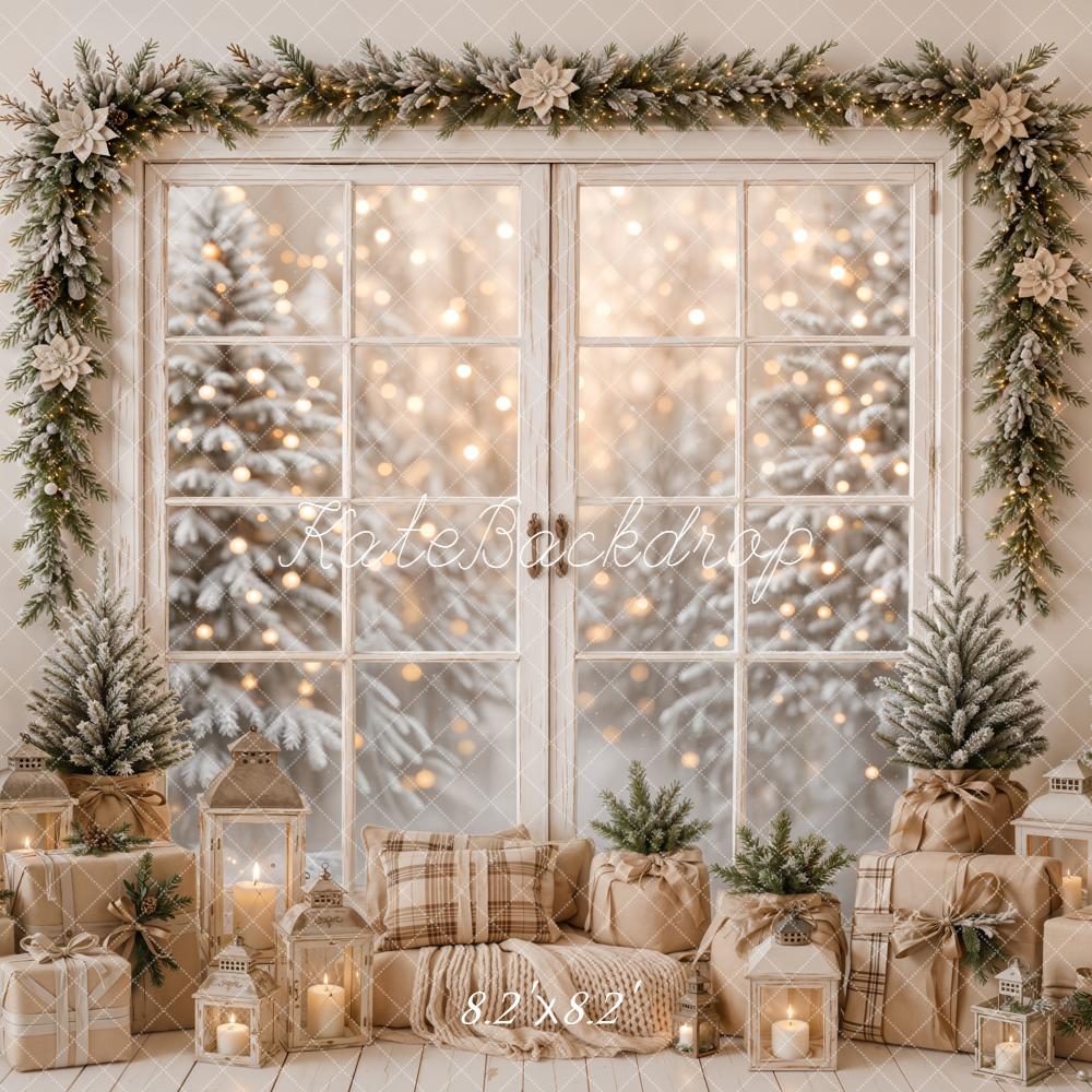 Kate Christmas Window Garland Rustic Frosted Trees Gifts Printed Backdrop Designed by Emetselch