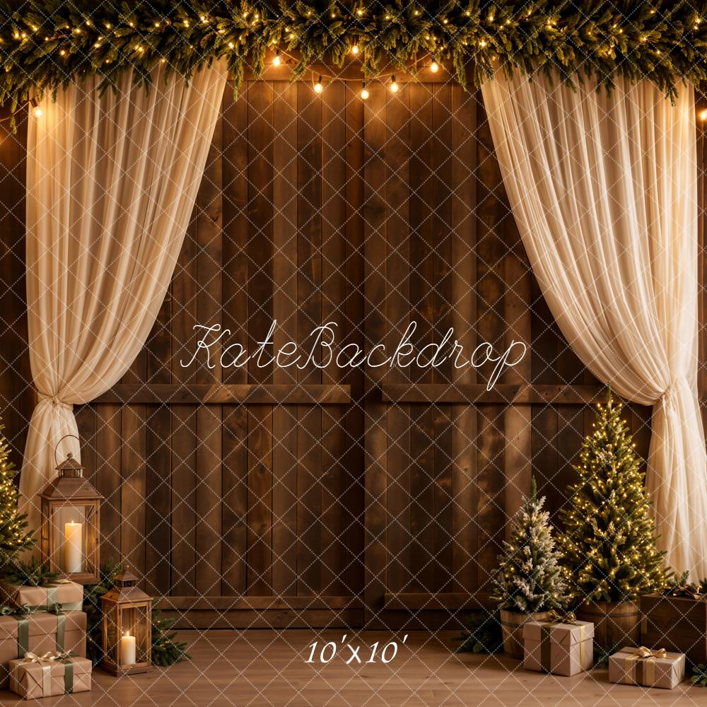 Kate Christmas Tree Garland Curtain Rustic Wooden Wall Printed Backdrop Designed by Emetselch