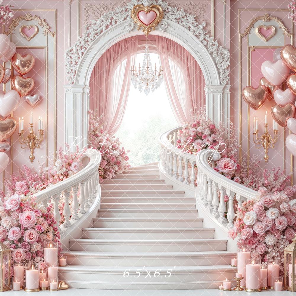 Kate Valentine's Day Staircase Pink Heart Balloon Floral Printed Backdrop Designed by Mini MakeBelieve