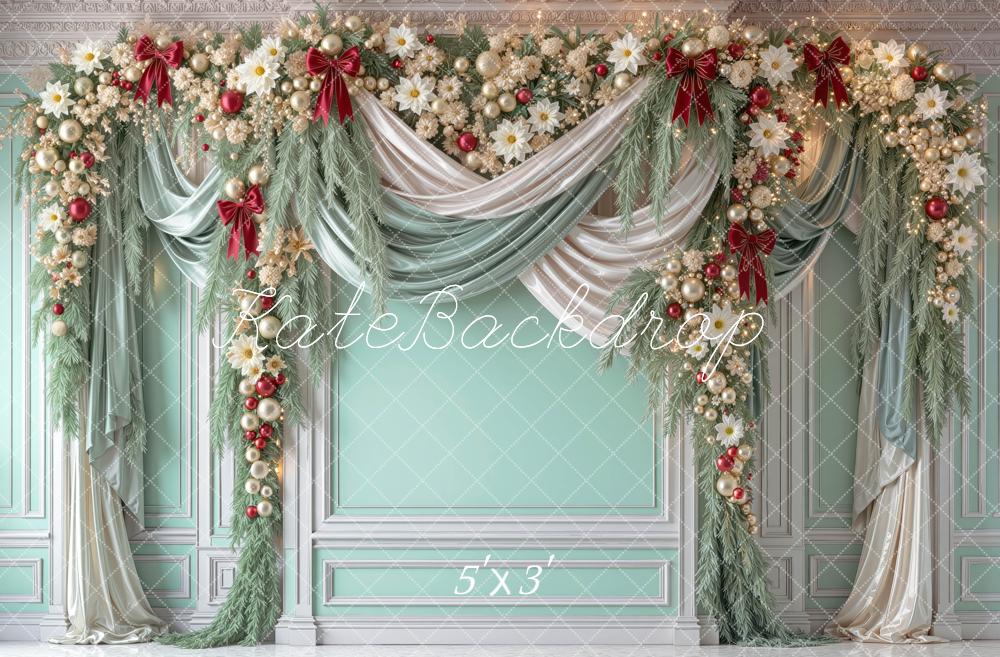 Kate Christmas Mint Green Garland Draped Curtains Printed Backdrop Designed by Mini MakeBelieve