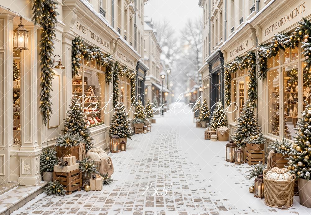 Kate Christmas Shop Snowy Street Garlands Presents Printed Backdrop Designed by Emetselch