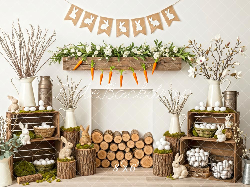 Kate Easter Bunny Rustic Carrots White Eggs Floral Fireplace Backdrop Designed by Patty Roberts