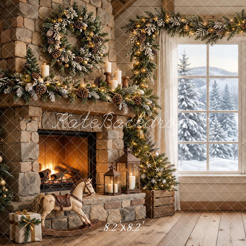 Kate Christmas Fireplace Rustic Stone Christmas Tree Snowy Window Printed Backdrop Designed by Emetselch