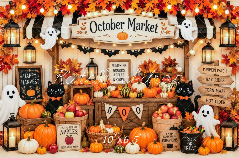 Kate Halloween Market Orange Pumpkin Ghost Cat Kids Printed Backdrop Designed by Patty Roberts