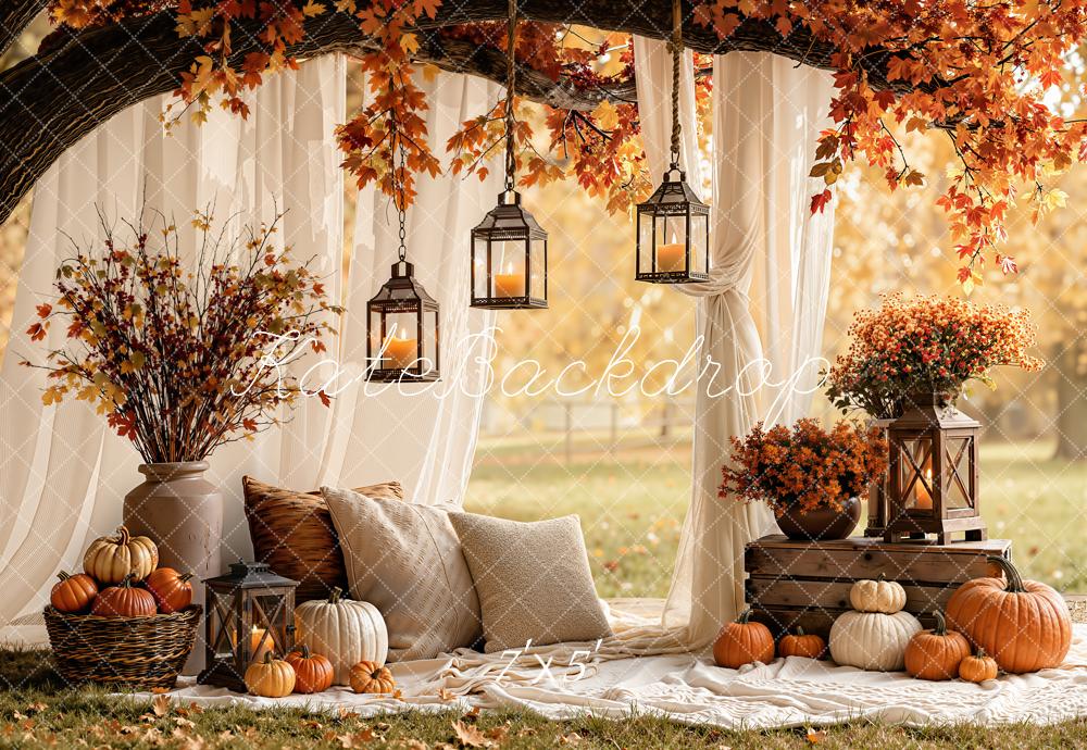 Kate Fall Branch Arch White Drapes Pumpkins Lanterns Cozy Printed Backdrop Designed by Emetselch