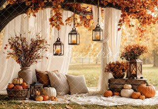 Kate Fall Branch Arch White Drapes Pumpkins Lanterns Cozy Printed Backdrop Designed by Emetselch