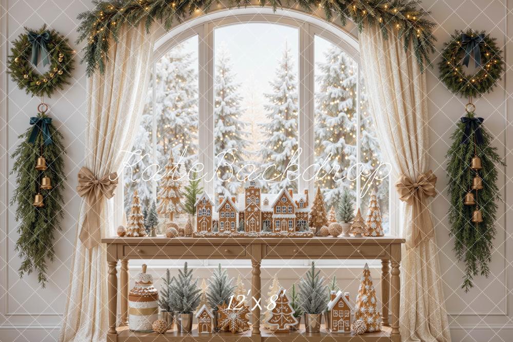 Kate Christmas Gingerbread Village Window Garland Curtains Printed Backdrop Designed by Mini MakeBelieve