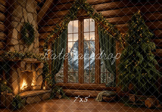 Kate Christmas Rustic Cabin Fireplace Tree Window Printed Backdrop Designed by Emetselch