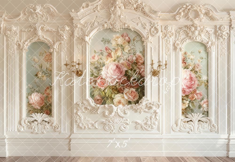 Kate Cream Baroque Vintage Wall Floral Roses Backdrop Designed by Emetselch