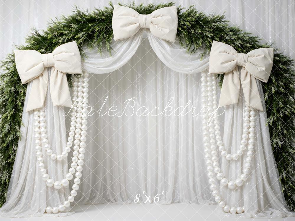 Kate Christmas Bows Pearls Garland Flower Arch Greenery Drapes Printed Backdrop Designed by Mini MakeBelieve