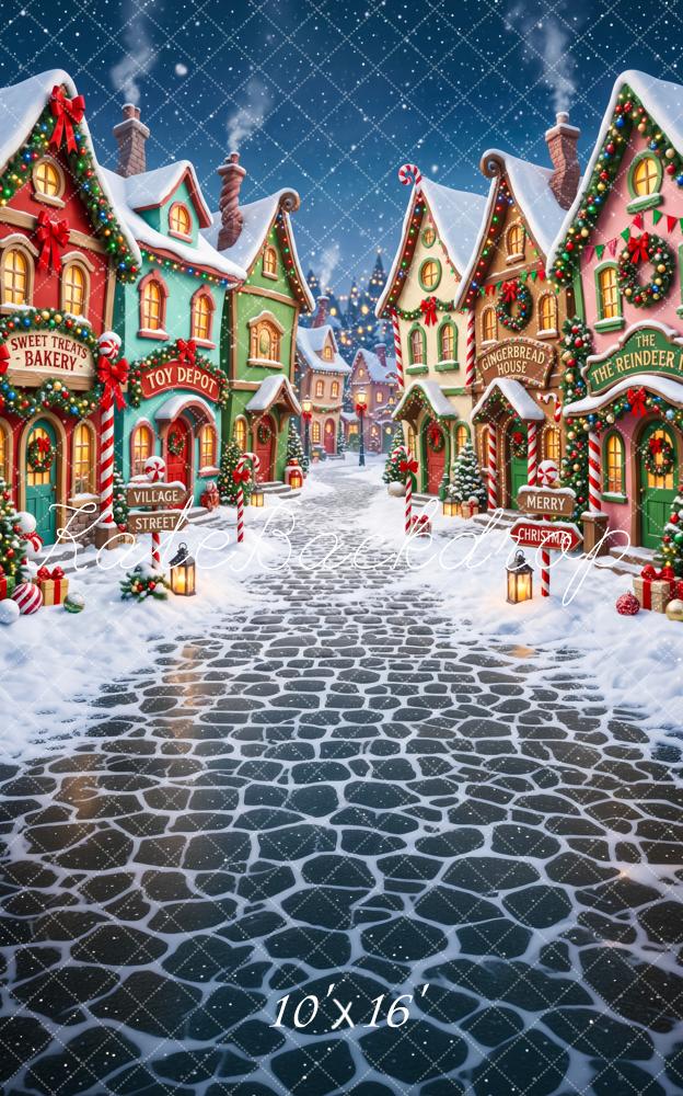 Kate Sweep Christmas Whimsical Snow Village Cobblestone Street Printed Backdrop Designed by Patty Roberts
