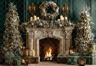 Kate Christmas Fireplace Vintage Wreath Trees Gifts Green Printed Backdrop Designed by Emetselch