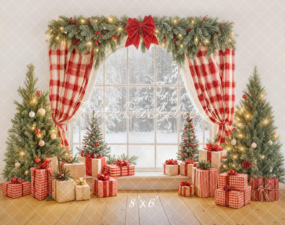 Kate Christmas Red Plaid Curtains Window Pine Trees Gift Boxes Backdrop Designed by Emetselch