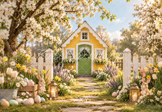 Kate Easter Yellow Cottage Garden Cherry Blossoms Bunny Printed Backdrop Designed by Emetselch