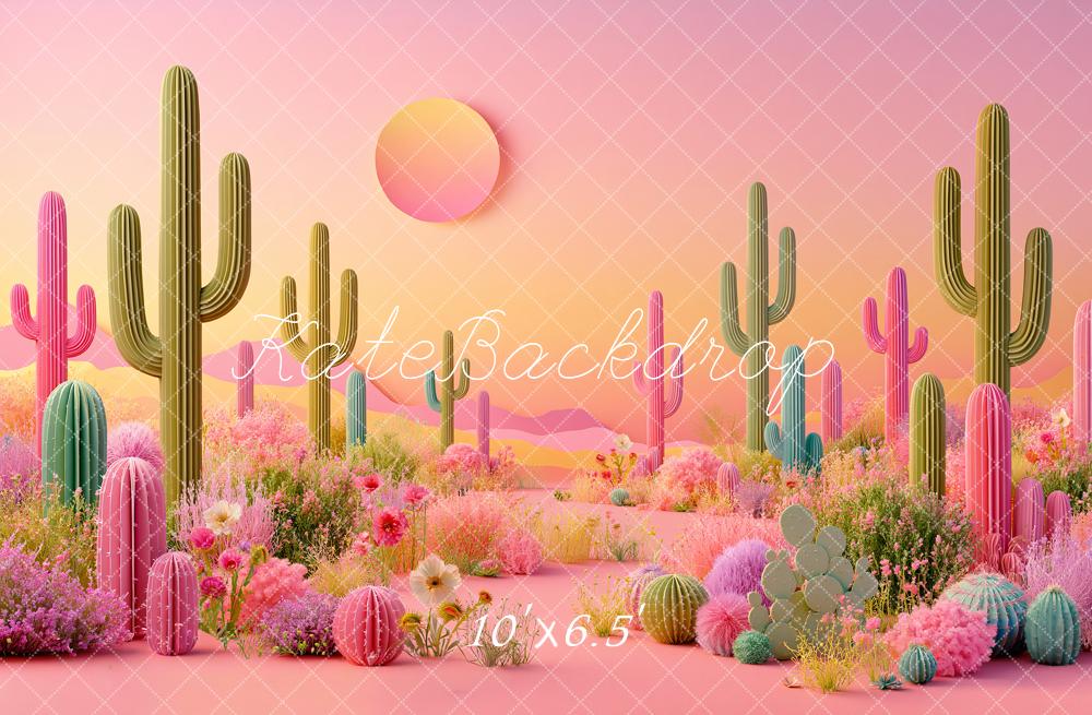 Kate Fantasy Pink Paper Cactus Desert Flowers Sunset Printed Backdrop Designed by Angela Miller