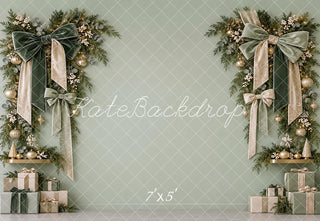 Kate Christmas Sage Green Wreath Velvet Bows Printed Backdrop Designed by Vertigo Productions