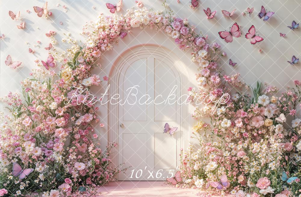 Kate Spring Flower Arch Pink Butterflies White Door Printed Backdrop Designed by Emetselch