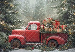Kate Christmas Red Truck Gifts Pine Trees Snowy Printed Backdrop Designed by Emetselch