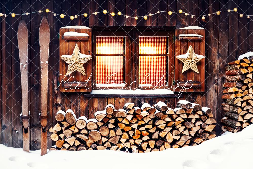 Kate Winter Wood Cabin Firewood Skis Stars Window Printed Backdrop Designed by Fantasyphotoart