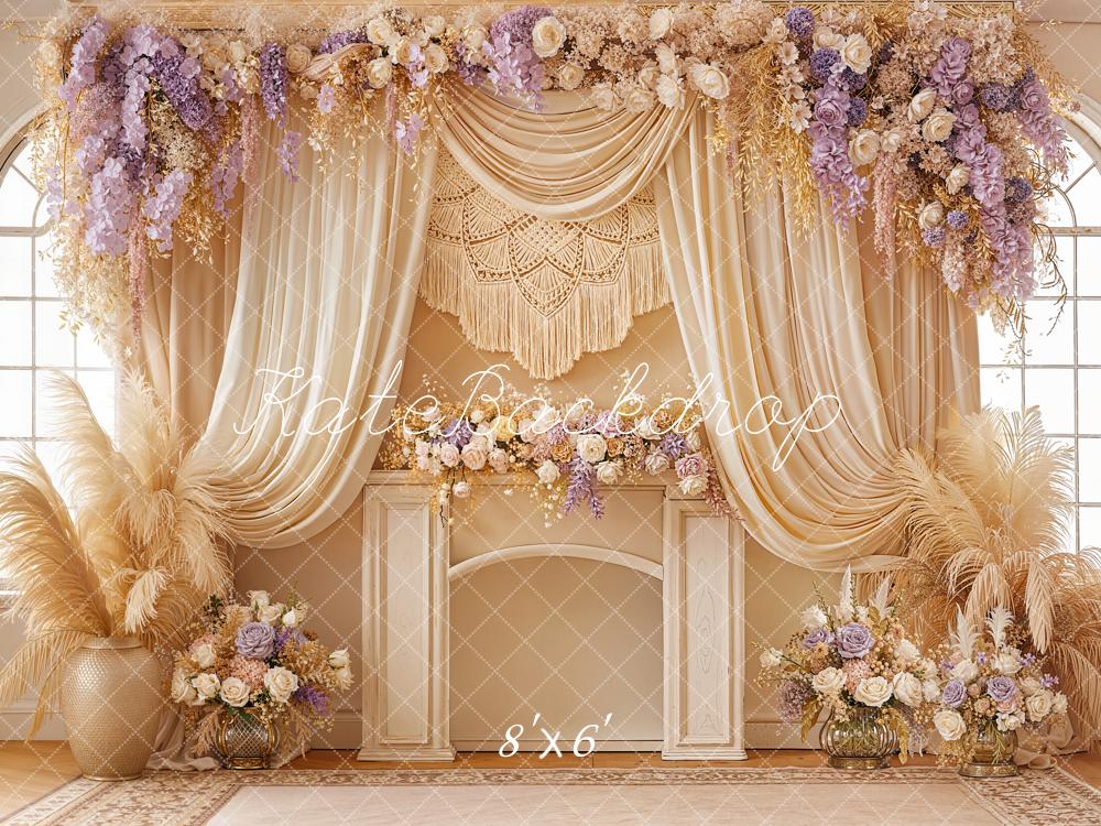 TEST Kate Boho Flower Arch Beige Purple Drapes Macrame Pampas Grass Backdrop Designed by Emetselch