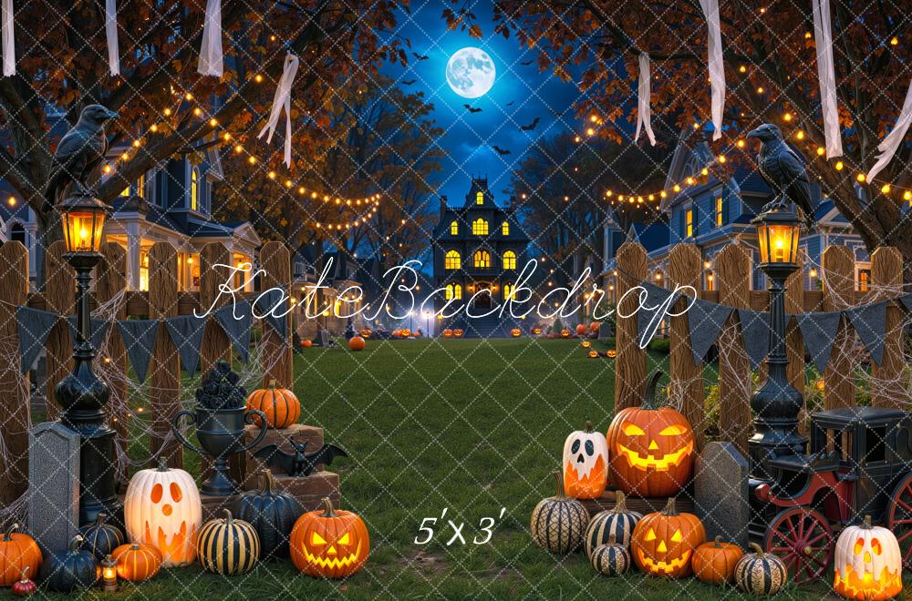 Kate Halloween Night Haunted House Pumpkins Moonlight Printed Backdrop Designed by Mini MakeBelieve