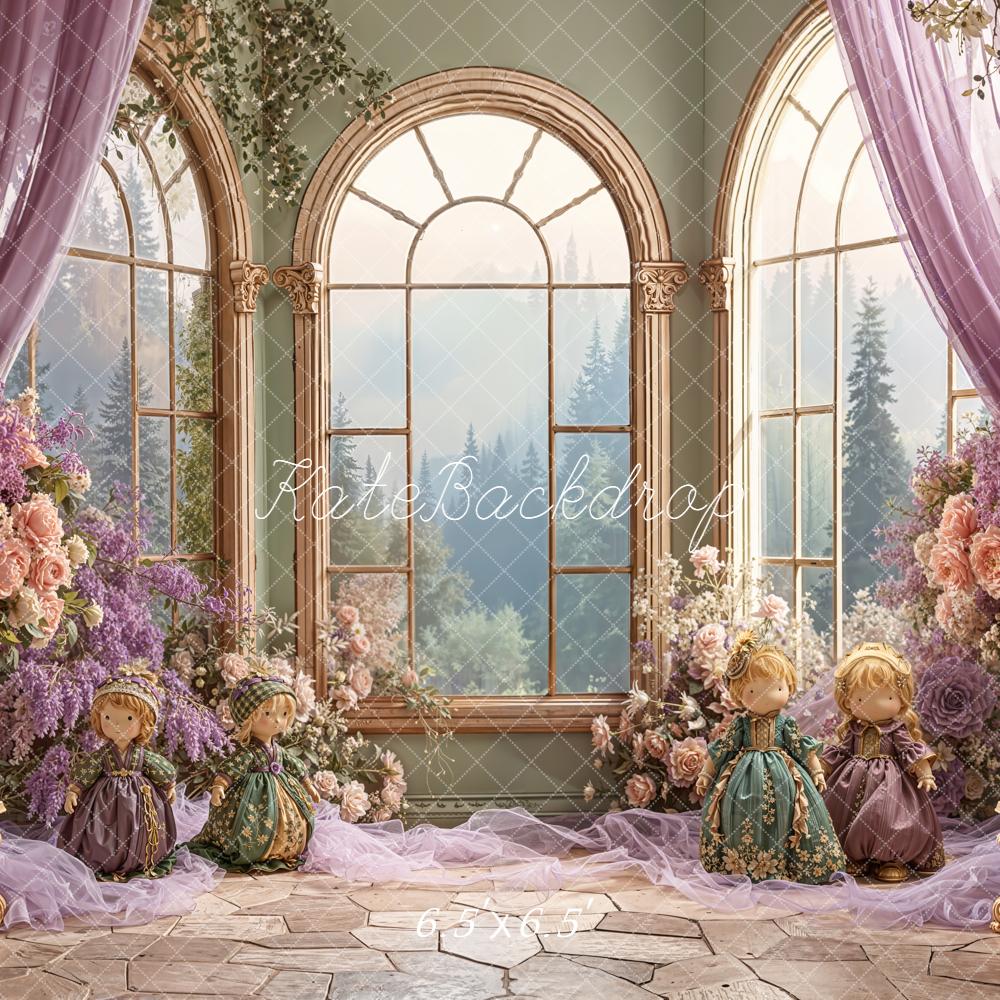 Kate Spring Purple Floral Arch Window Dolls Backdrop Designed by Emetselch