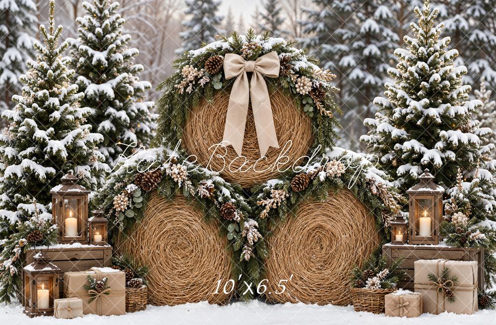 Kate Christmas Hay Bale Snowy Pine Trees Wreath Gift Lanterns Printed Backdrop Designed by Emetselch