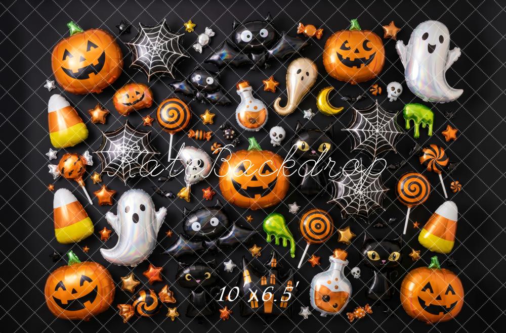 Kate Halloween Balloons Pumpkins Ghosts Candy Spiderwebs Printed Backdrop Designed by Patty Roberts