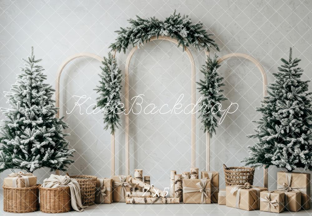Kate Christmas Snowy Trees Arched Frames Gift Boxes Printed Backdrop D
