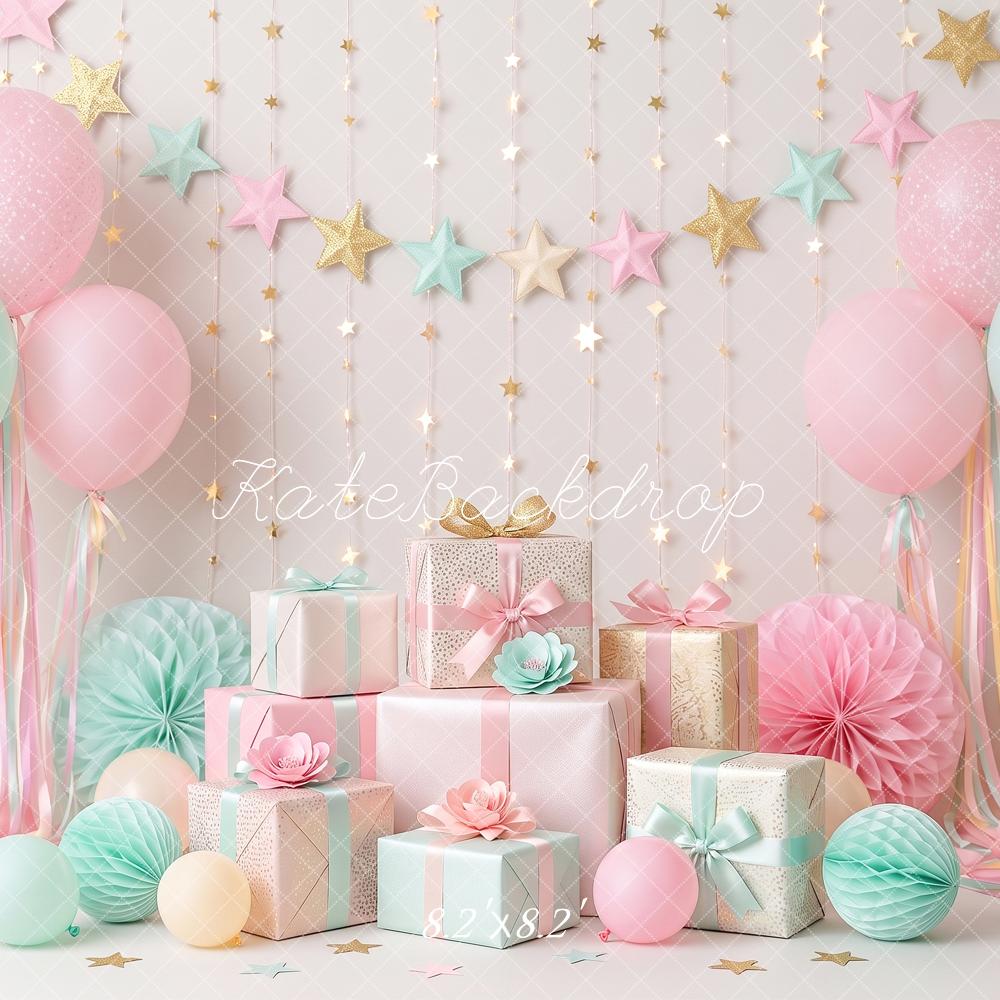 Kate Cake Smash Pastel Balloons Gift Stars Paper Fans Printed Backdrop Designed by Angela Miller