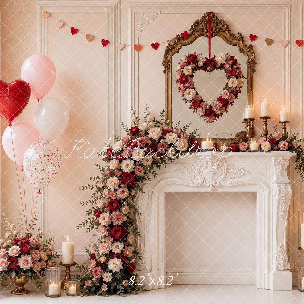 Kate Valentine's Day Pink Floral Fireplace Heart Balloons Printed Backdrop Designed by Shutter Swan Studios
