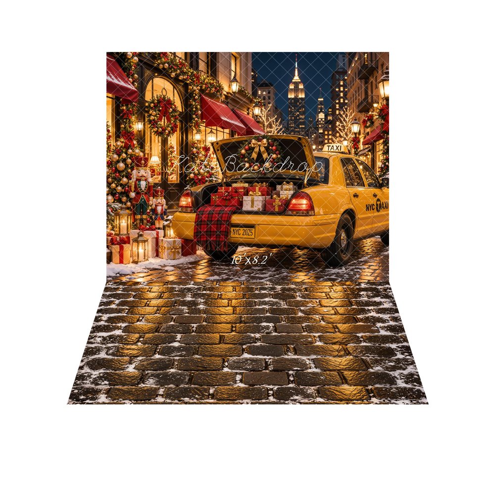 Kate Christmas Urban New York City Yellow Taxi Gifts Printed Backdrop+Winter Snowy Brick Floor Printed Backdrop