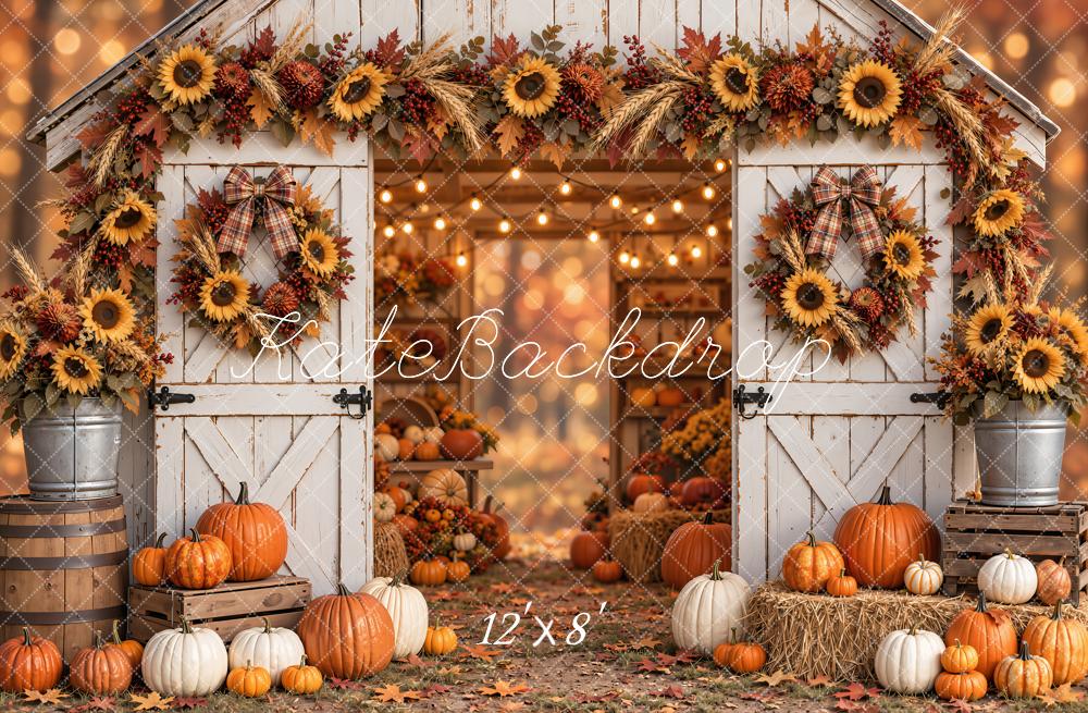 Kate Fall Barn Door Sunflower Wreath Pumpkin Maple Printed Backdrop Designed by Emetselch