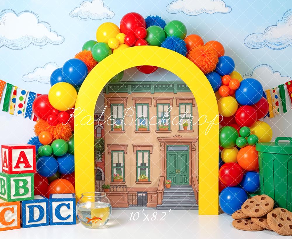 Kate Back to School Rainbow Balloon Arch ABC Blocks Printed Backdrop Designed by Mini MakeBelieve