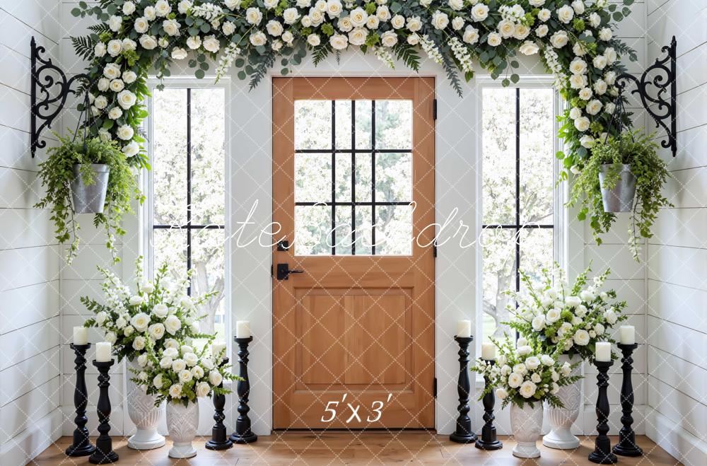 Kate Spring Flower Arch Wooden Door White Roses Greenery Backdrop Designed by Mini MakeBelieve