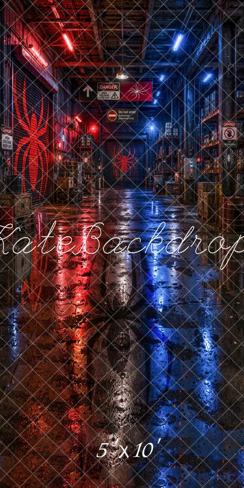 Kate Urban Red Blue Industrial Spider Warehouse Printed Backdrop Designed by Emetselch