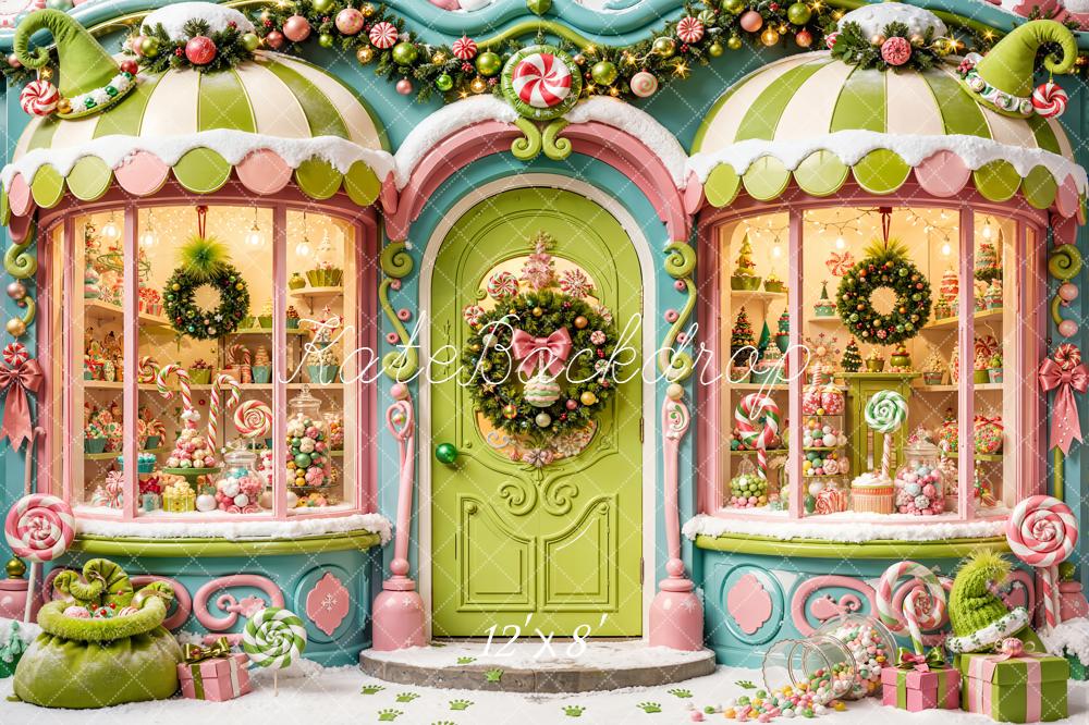 Kate Christmas Fantasy Whimsical Candy Shop Kids Green Printed Backdrop Designed by Emetselch