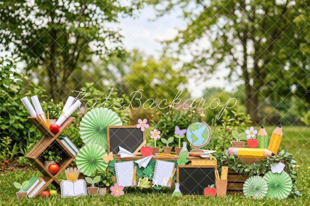 Kate Back to School Garden Chalkboard Books Pencils Globe Printed Backdrop Designed by Patty Roberts