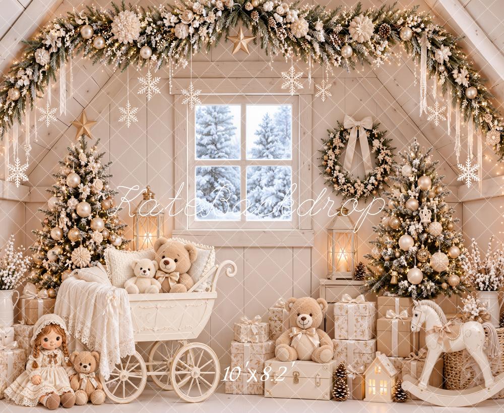 Kate Christmas Trees Beige Nursery Teddy Bears Baby Carriage White Printed Backdrop Designed by Emetselch