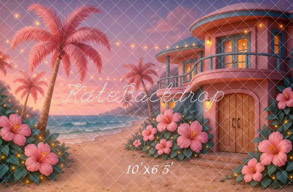 Kate Beach Tropical Sunset House Pink Backdrop Designed by Ashley Paul