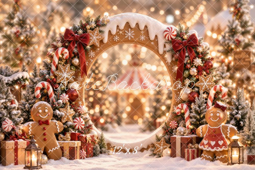Kate Christmas Gingerbread Circle Arch Candy Cane Snowy Printed Backdrop Designed by Emetselch
